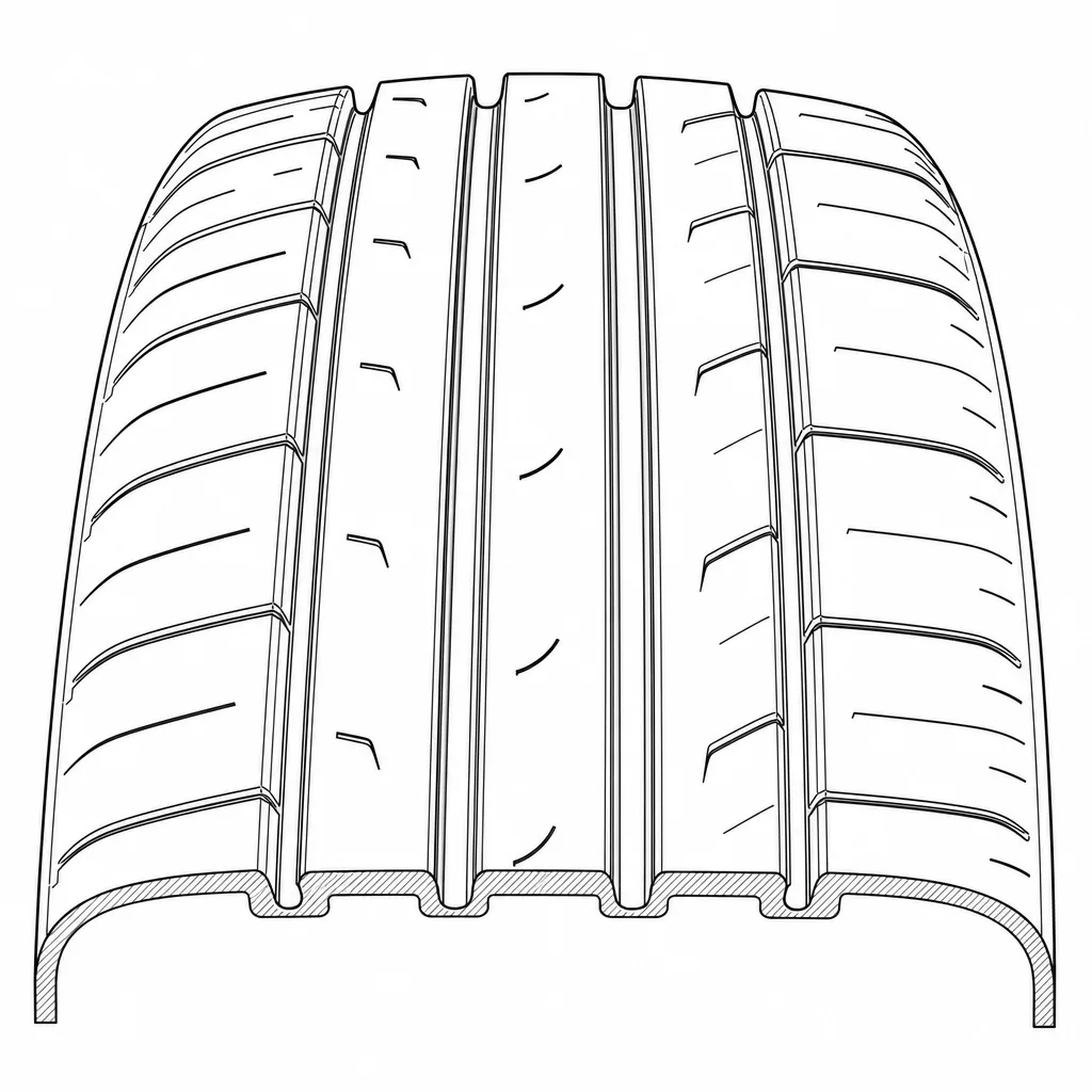 Schéma illustratif : Quatre rainures circonférentielles séparant des couloirs de gomme longitudinaux