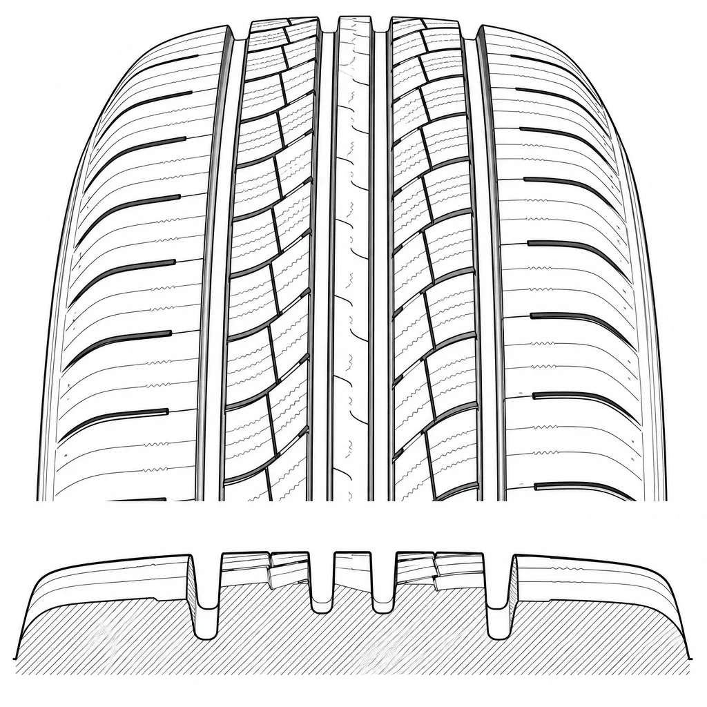 Schéma illustratif : Quatre rainures longitudinales séparant cinq voies de gomme
