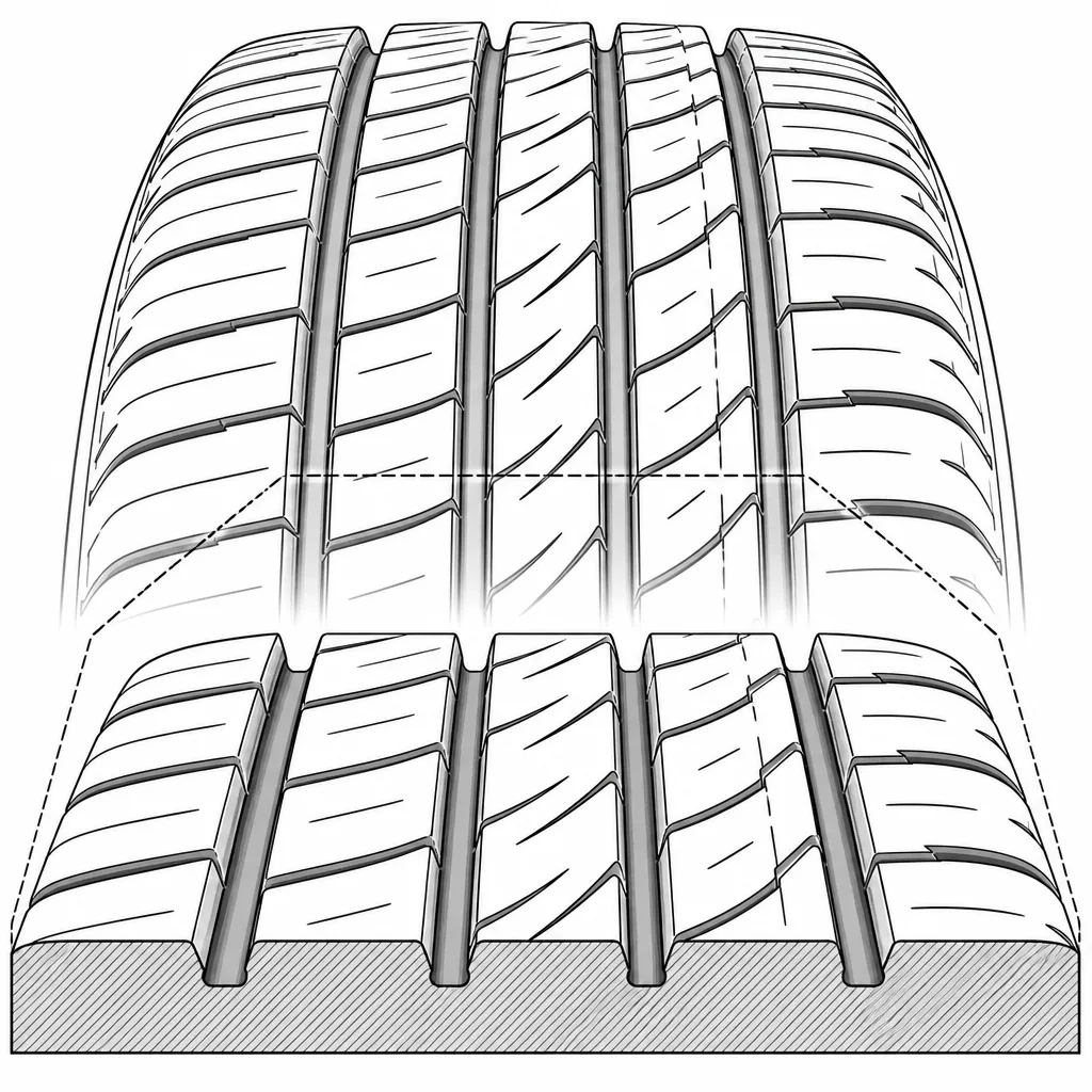 Schéma illustratif : Quatre rainures longitudinales principales légèrement sinueuses séparant cinq alignements de gomme