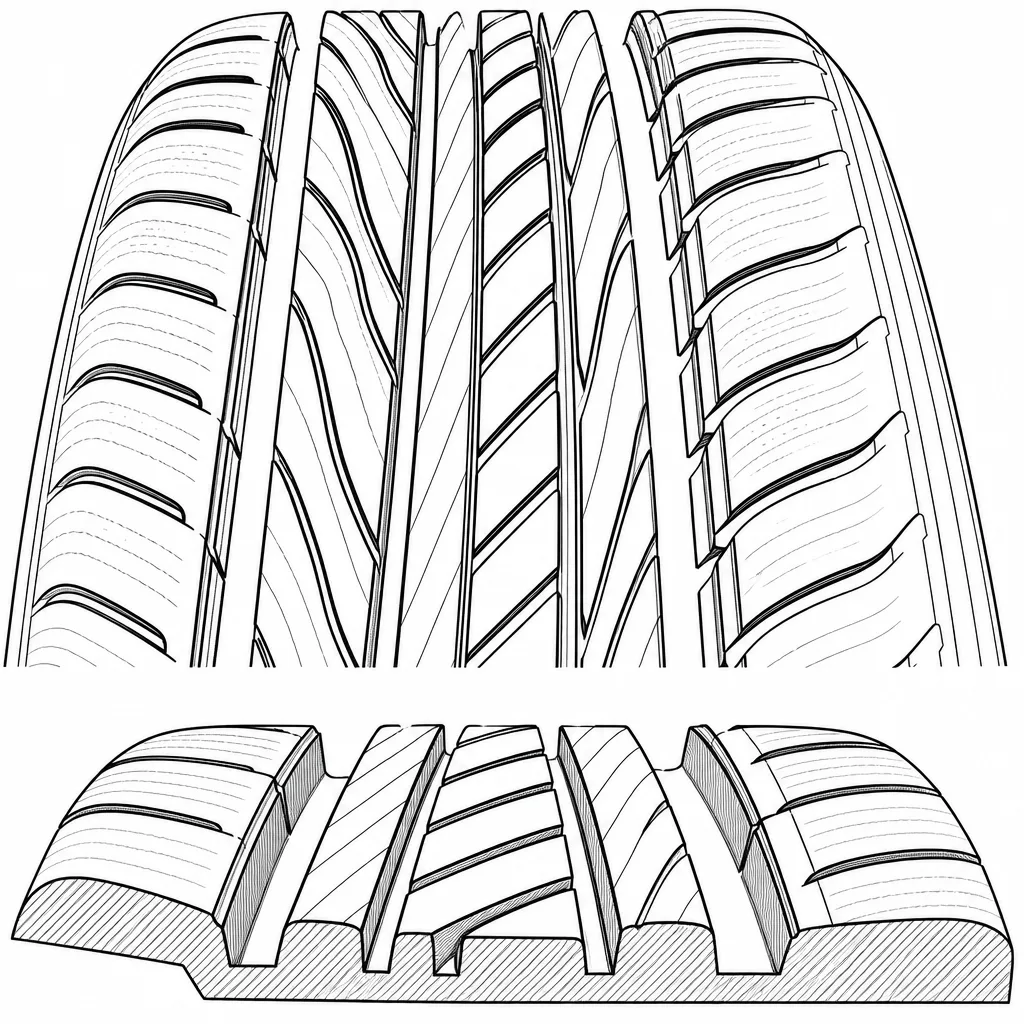 Schéma illustratif : Centre dépourvu de bande de gomme continue, constitué d’éléments obliques rapprochés