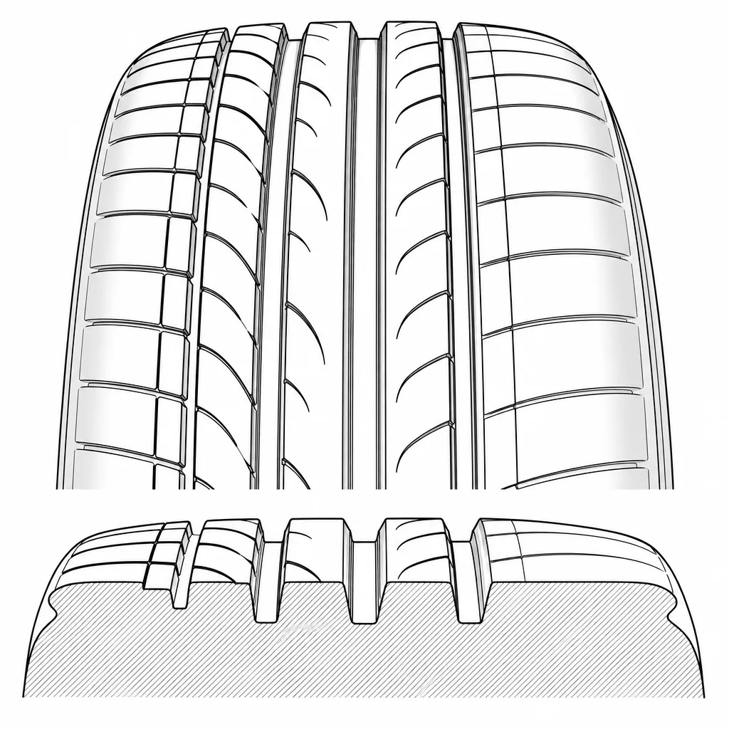 Schéma illustratif : Quatre rainures longitudinales séparant plusieurs voies de gomme