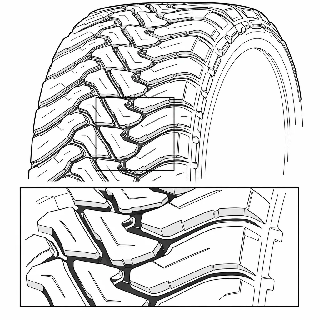 Schéma illustratif : Faible proportion de gomme au sol entre les larges rainures sinueuses