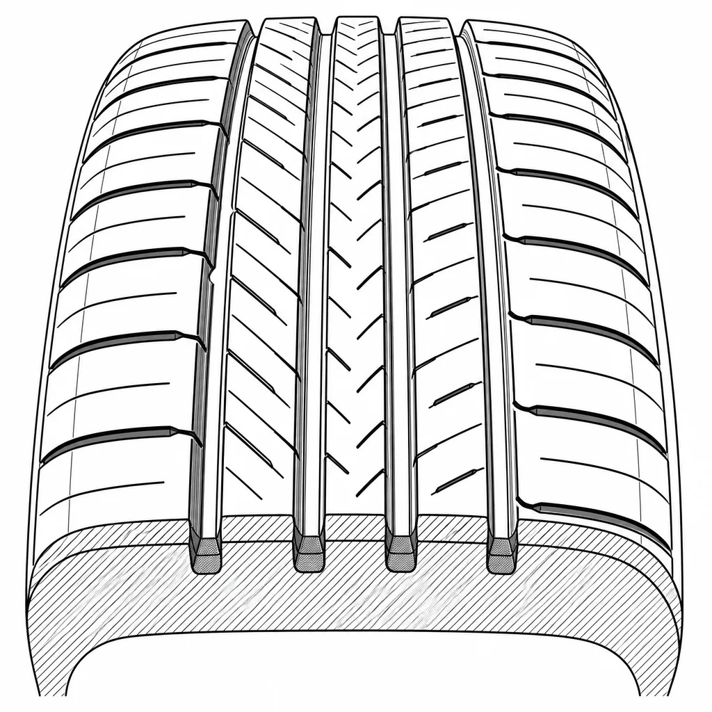 Schéma illustratif : Quatre rainures longitudinales séparant cinq alignements de gomme