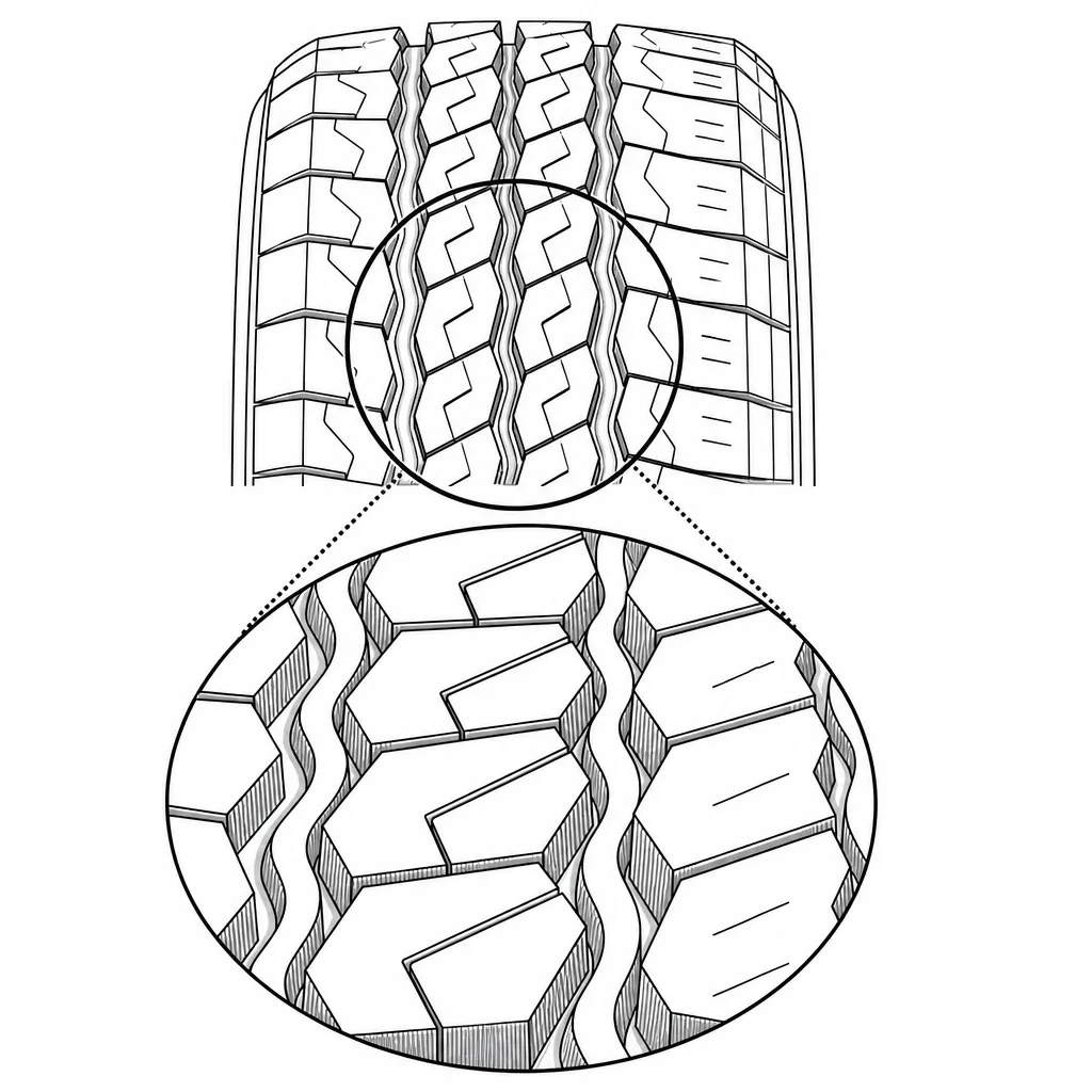 Schéma illustratif : Pavés centraux polygonaux bordés par trois rainures longitudinales sinueuses et des entailles obliques
