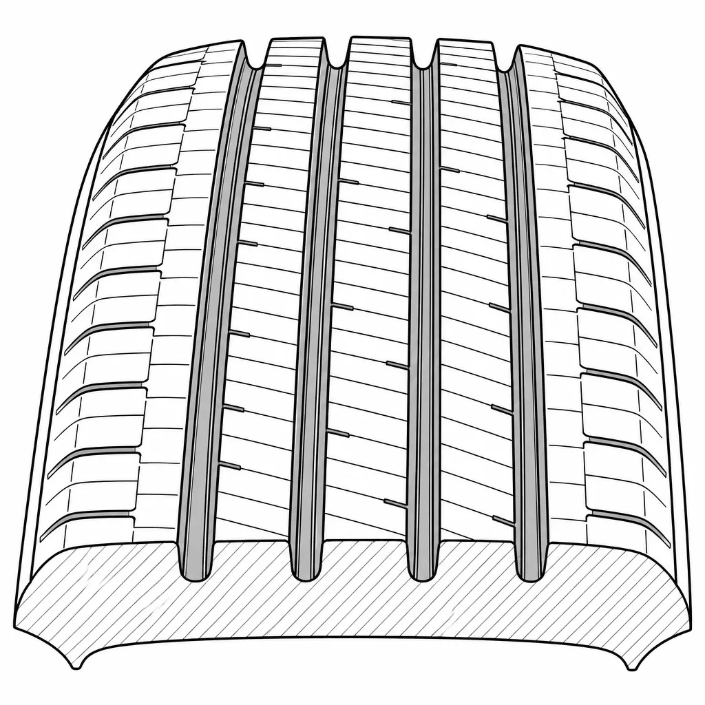 Schéma illustratif : Quatre rainures longitudinales séparant plusieurs bandes porteuses étroites