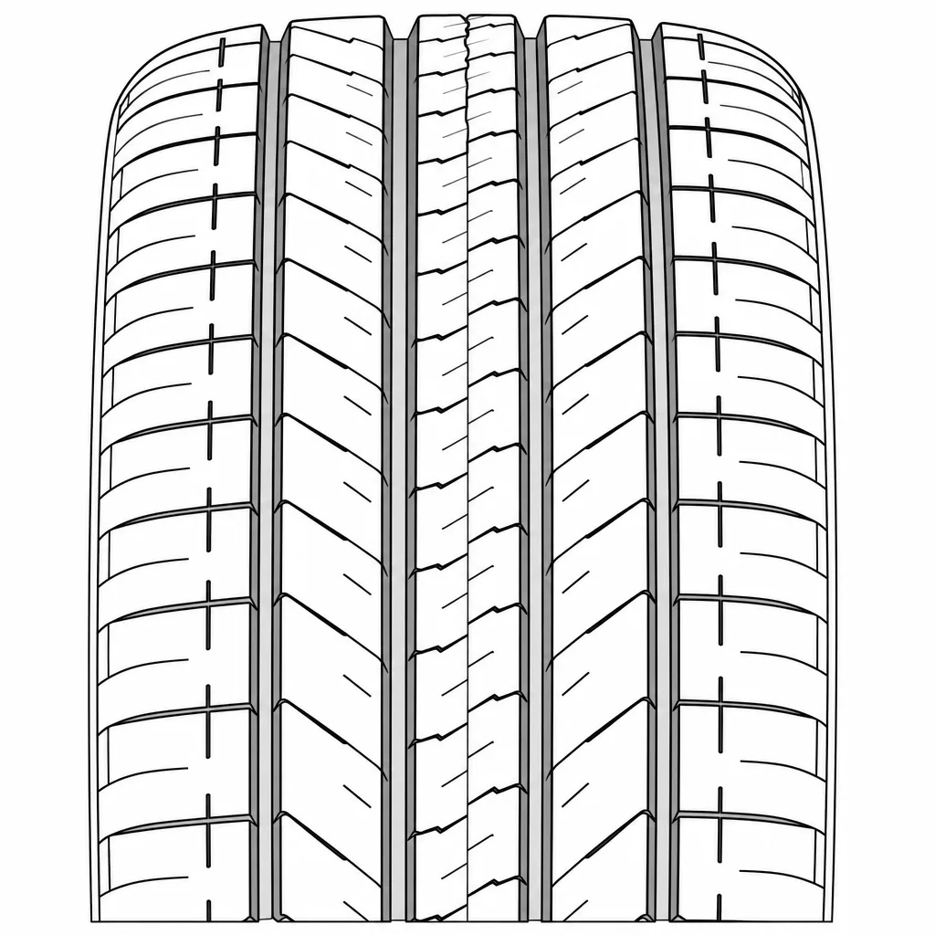 Schéma illustratif : Cinq pistes de gomme relativement étroites séparées par quatre coupures circonférentielles