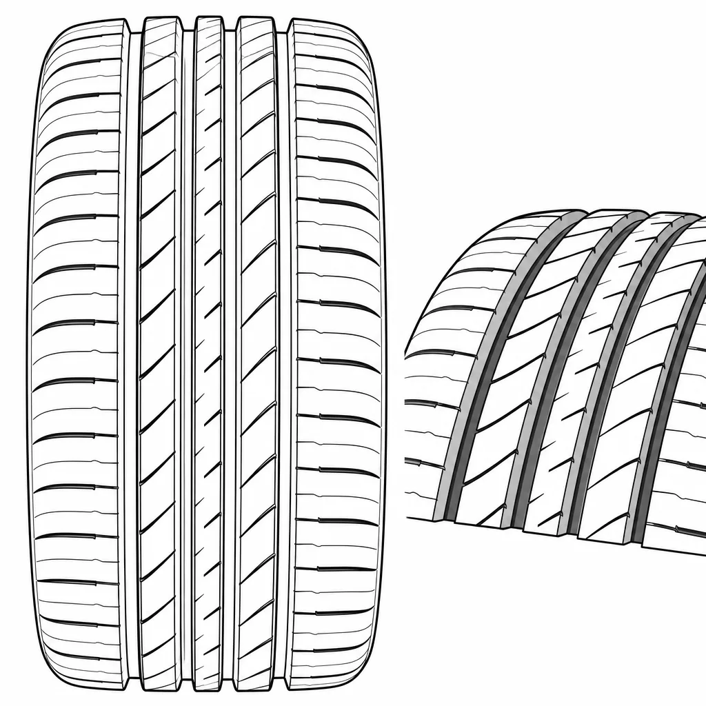 Schéma illustratif : Quatre rainures longitudinales séparant cinq zones de gomme