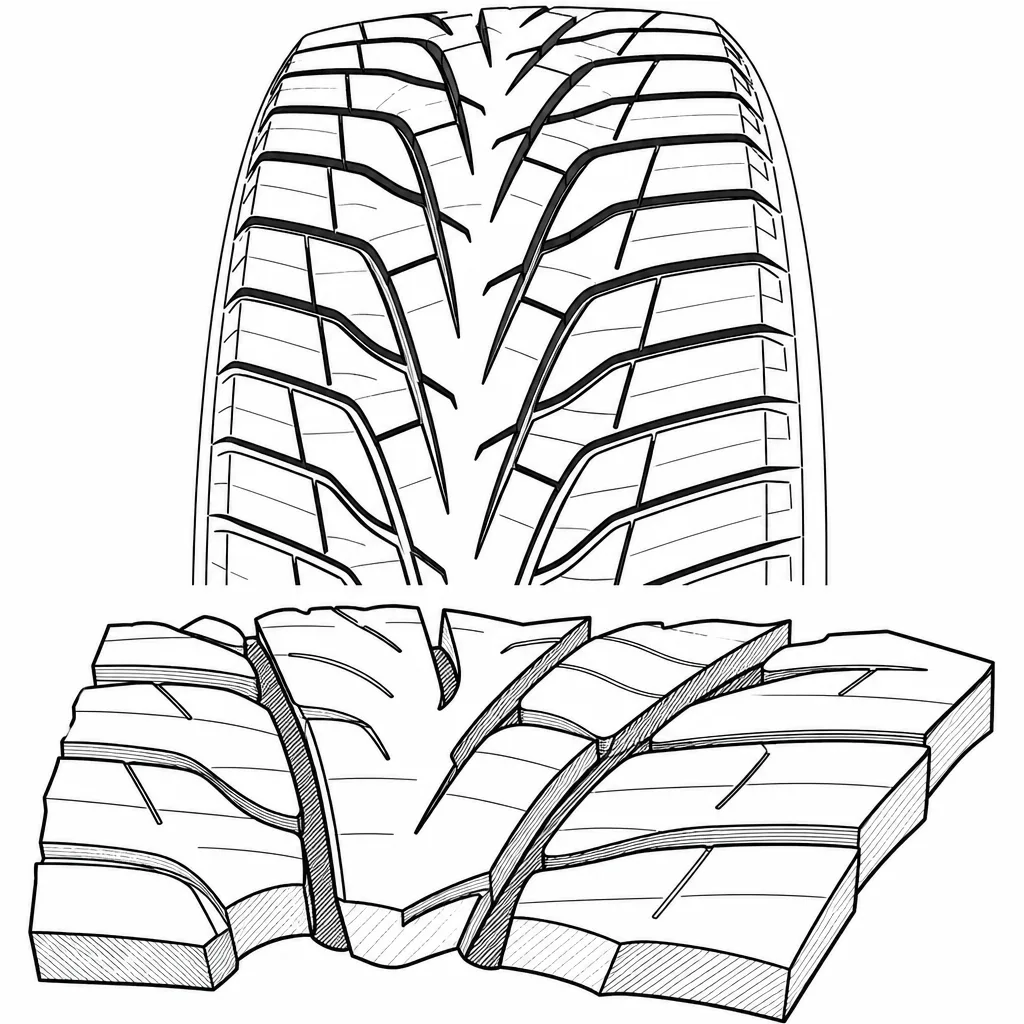 Schéma illustratif : Trois rainures longitudinales sinueuses reliées aux branches diagonales