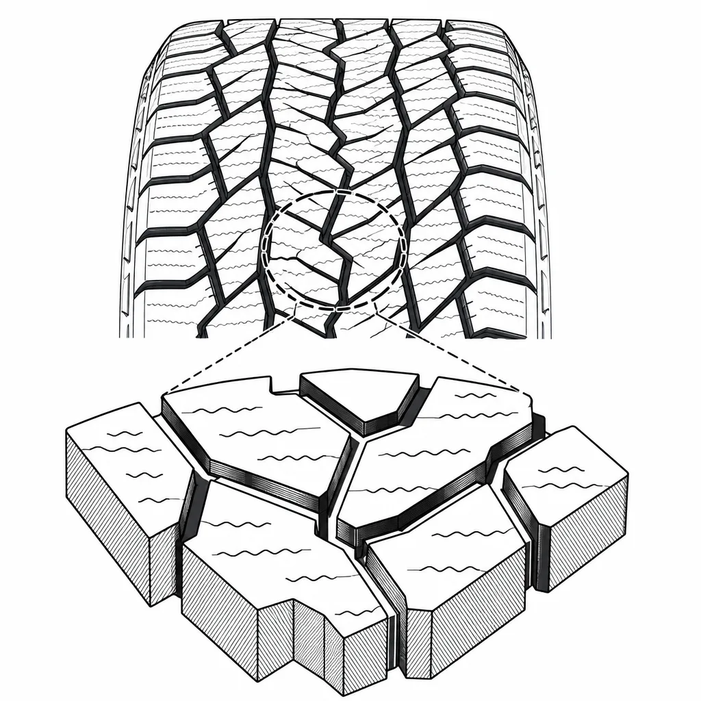 Schéma illustratif : Rainures obliques connectées autour d’un sillon central en zigzag
