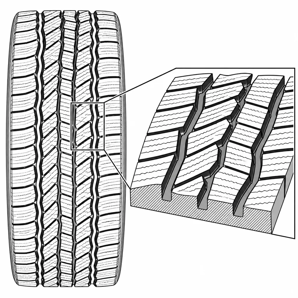 Schéma illustratif : Quatre rainures sinueuses reliées à de multiples passages obliques