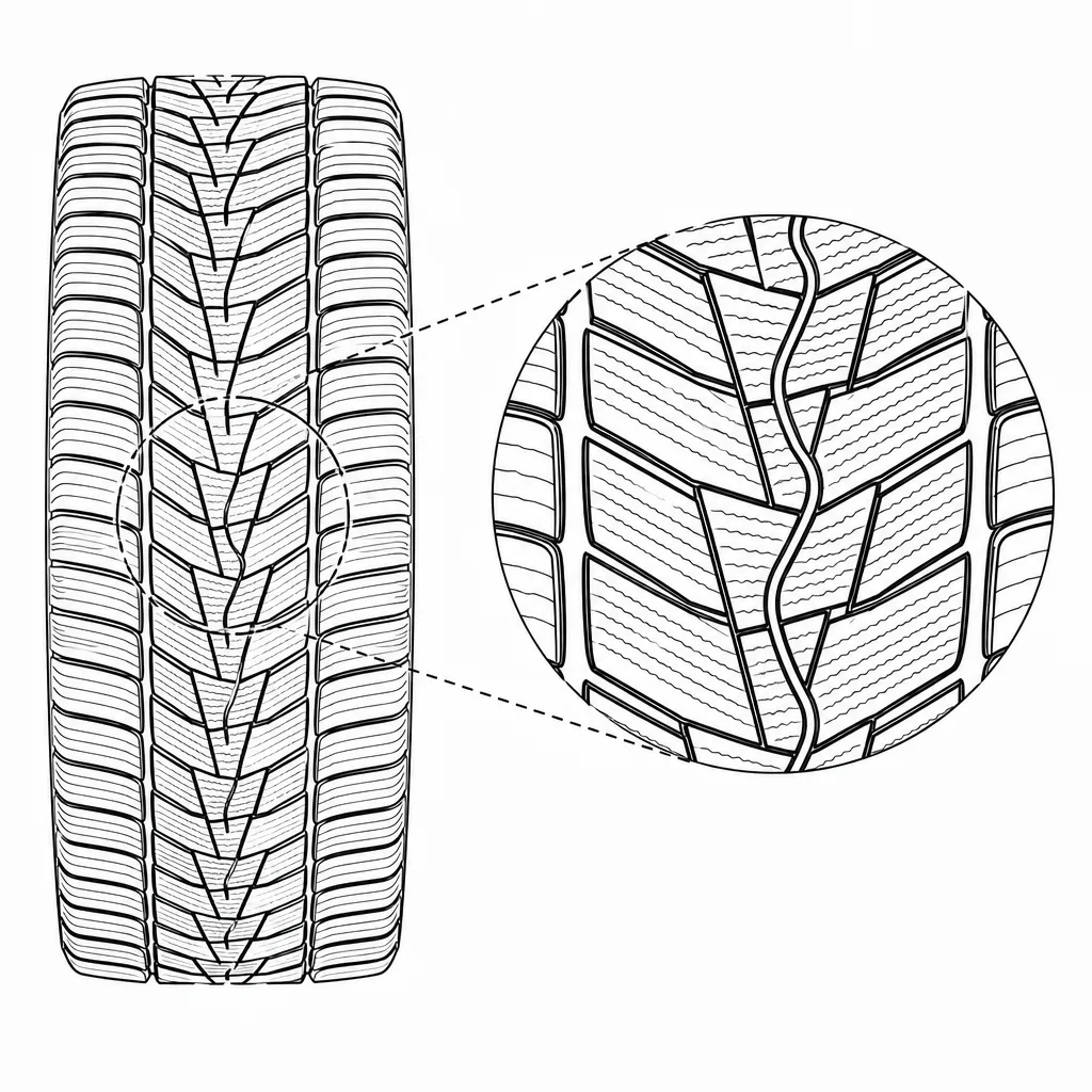 Schéma illustratif : Zone centrale formée de pointes de chevrons autour d’une rainure médiane étroite et sinueuse