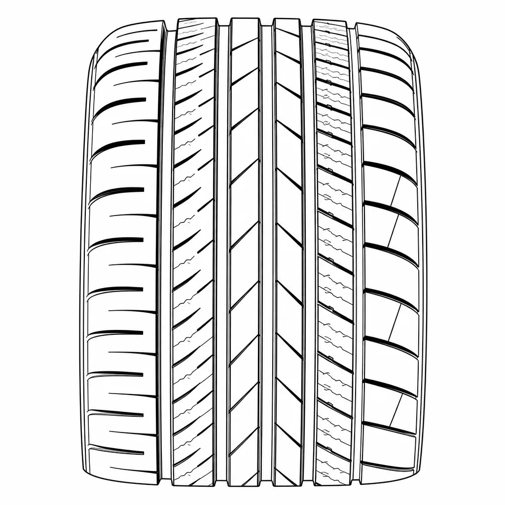 profil routier asymétrique à cinq rainures, nervures continues moyennement lamellisées, épaules différenciées