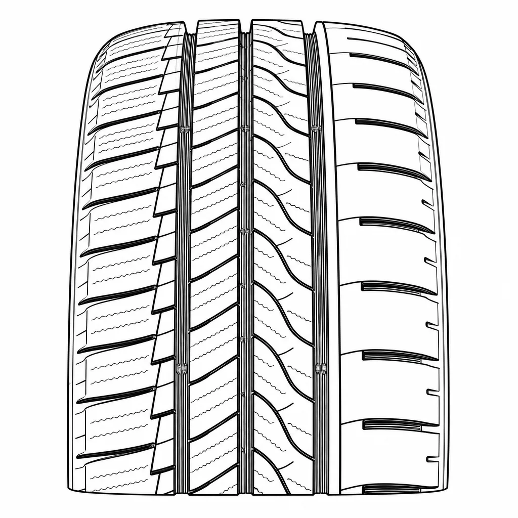 profil routier asymétrique à trois rainures, pavés fortement lamellisés, épaules différenciées