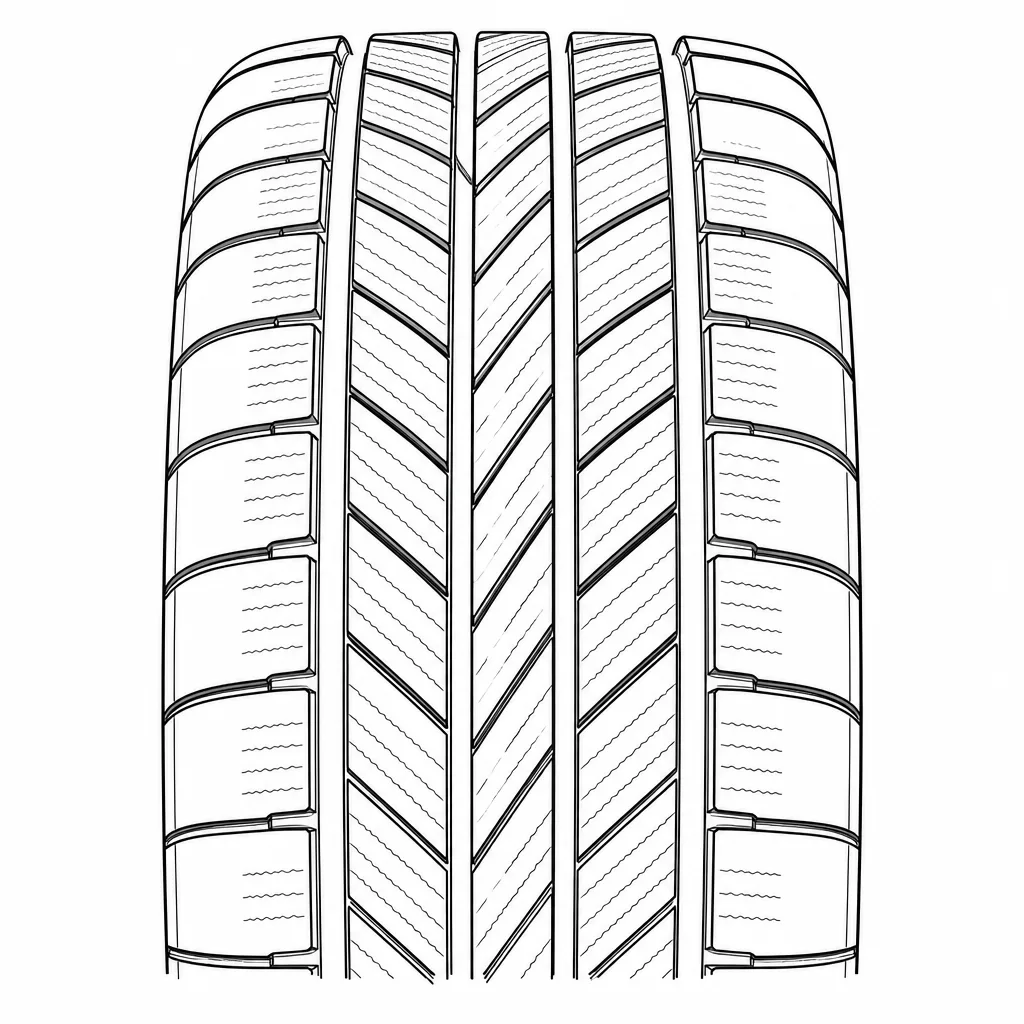 profil routier directionnel à trois rainures, chevrons faiblement lamellisés, épaules massives