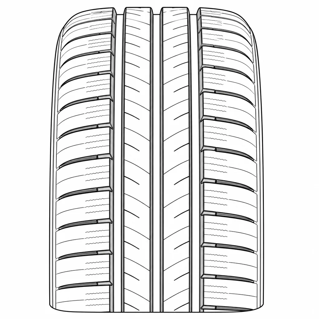 profil routier été symétrique à quatre rainures longitudinales, nervures centrales continues et rangées de pavés segmentés moyennement lamellisés