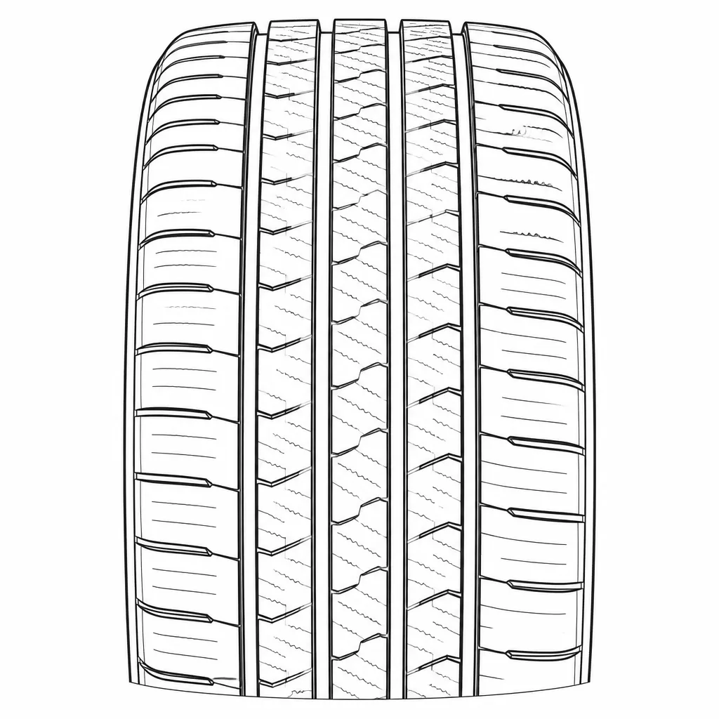 profil routier symétrique à quatre rainures longitudinales, bandes continues et rangées de pavés segmentés moyennement lamellisés