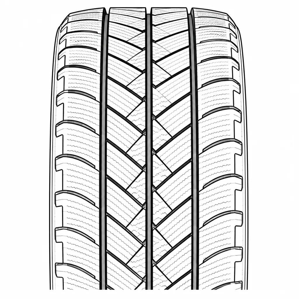 profil routier symétrique à trois rainures, chevrons imbriqués moyennement lamellisés, épaules entaillées