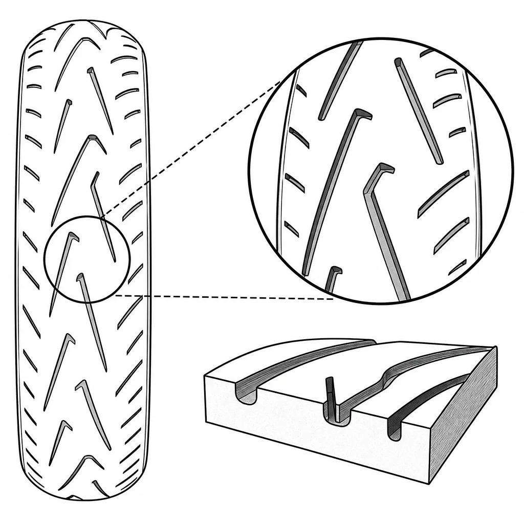 Schéma illustratif : Rainures obliques larges autour du centre