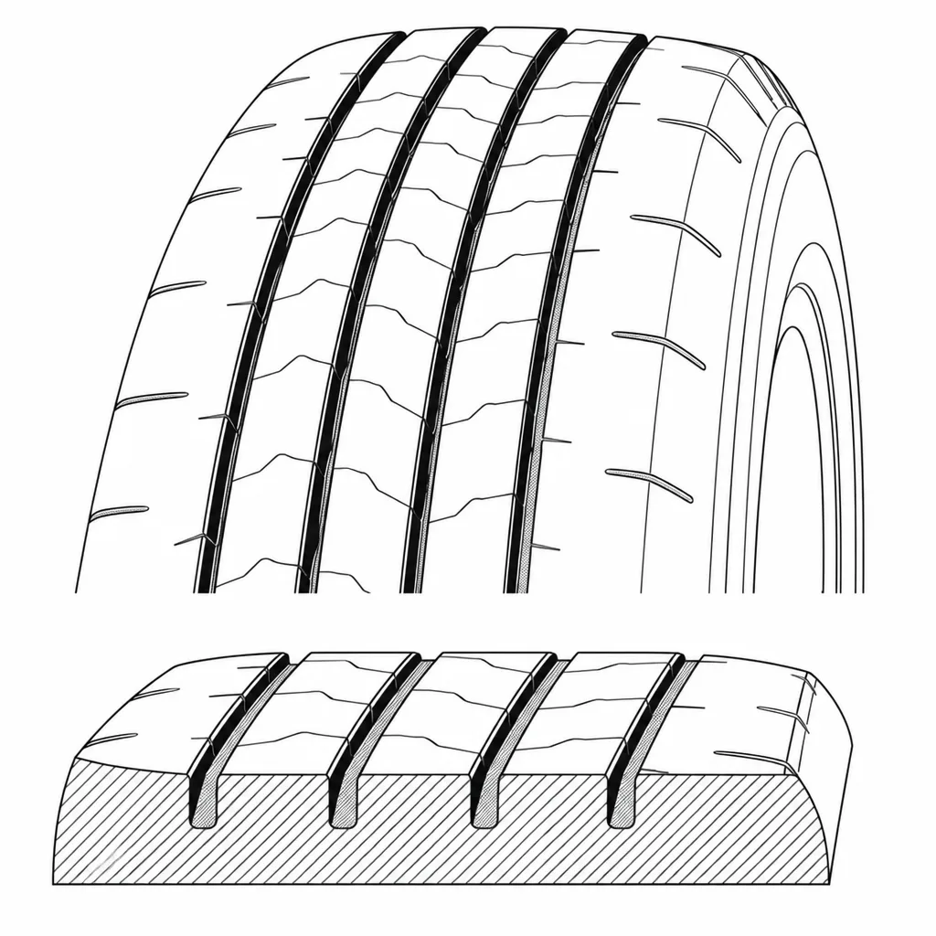 Schéma illustratif : Quatre rainures circonférentielles séparant des nervures étroites