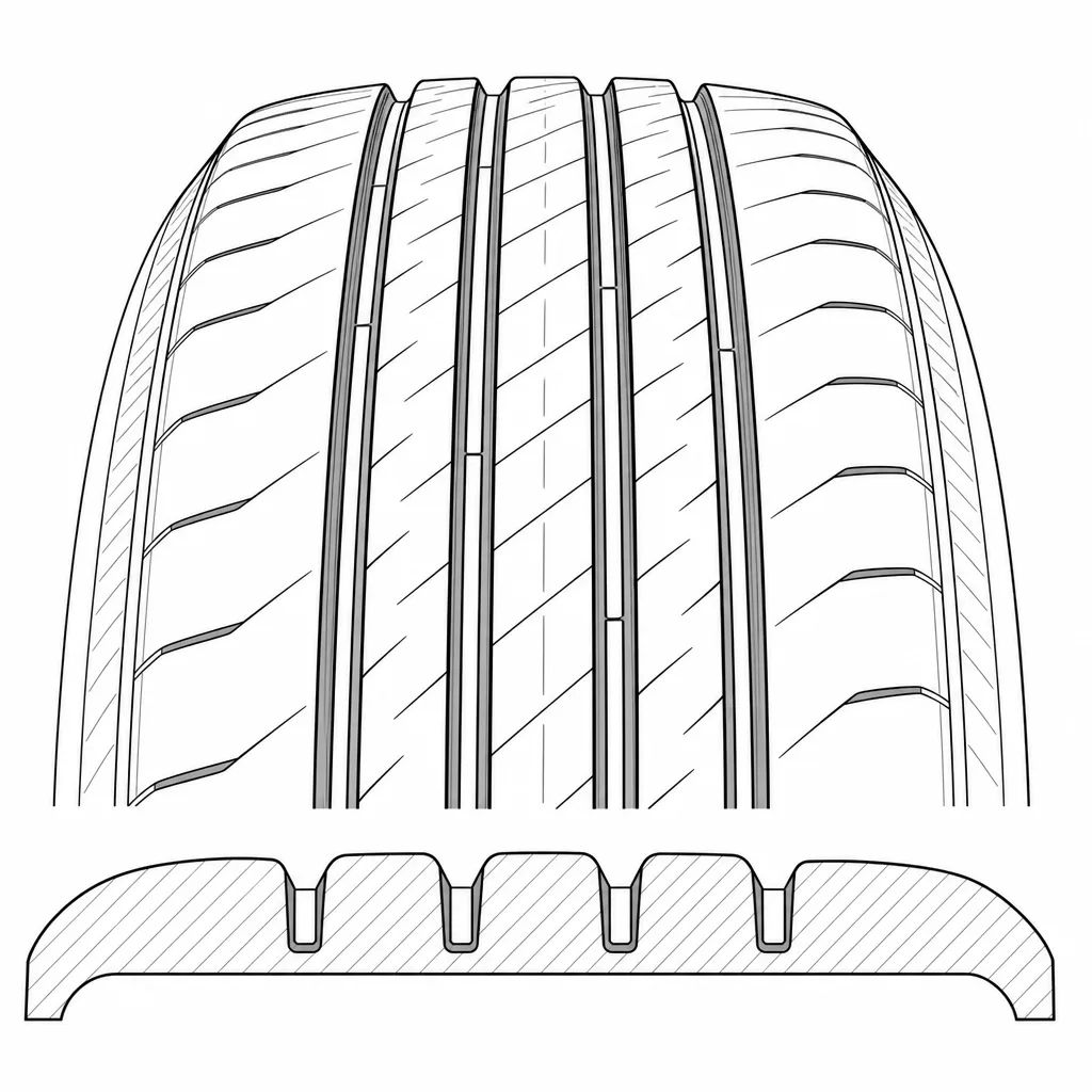 Schéma illustratif : Cinq bandes porteuses continues séparées par quatre rainures étroites
