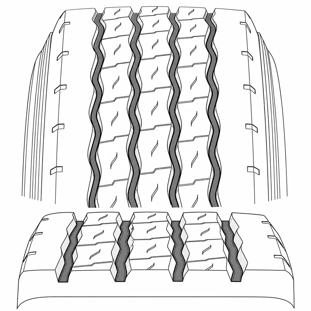 Schéma illustratif : Quatre rainures longitudinales au tracé sinueux