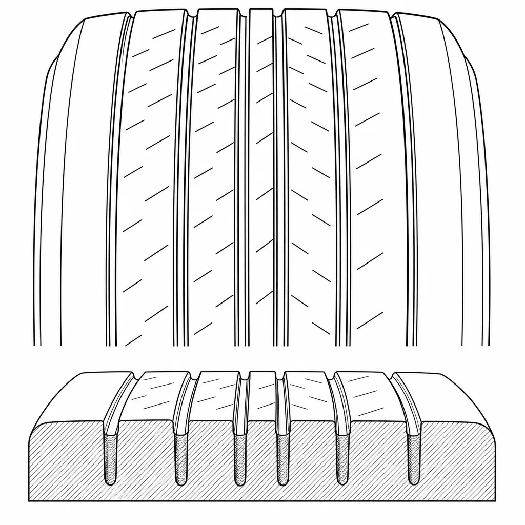 Schéma illustratif : Rapport plein/creux élevé créé par cinq rainures étroites à moyennes et de larges bandes de gomme