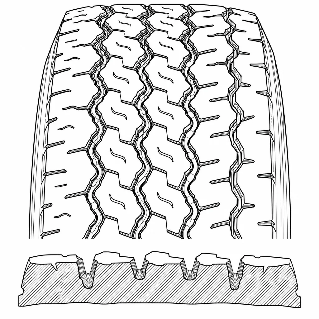 Schéma illustratif : Quatre rainures longitudinales sinueuses et segmentées