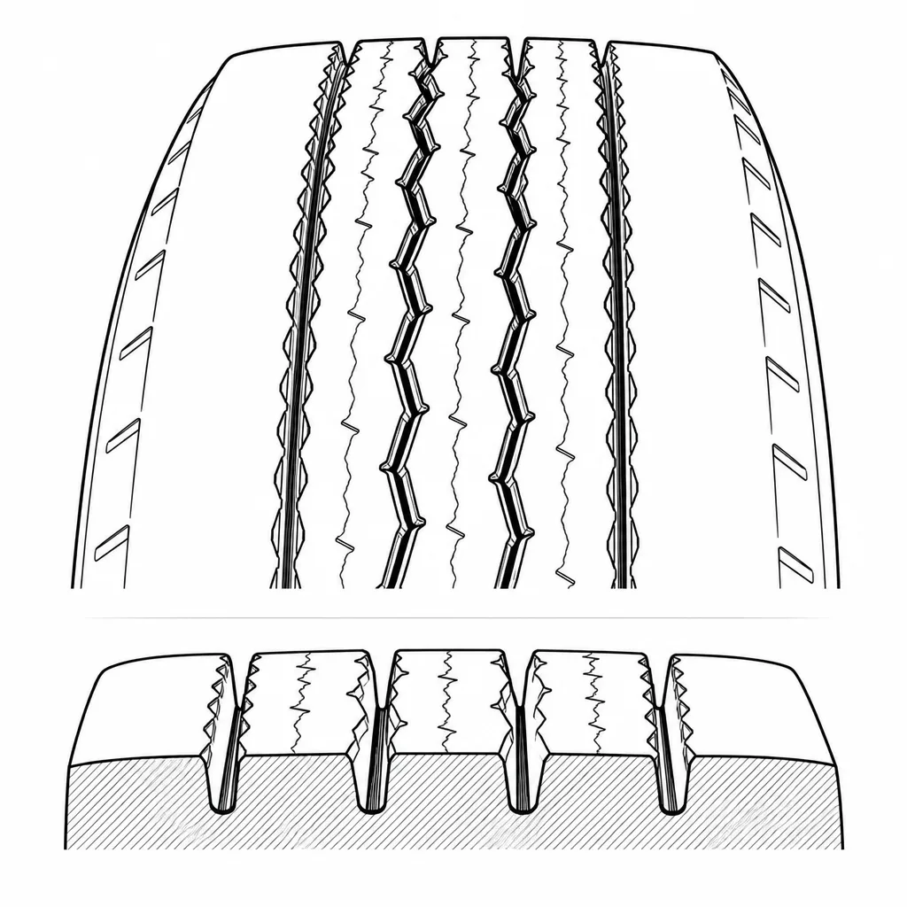 Schéma illustratif : Quatre rainures circonférentielles étroites séparant cinq bandes porteuses