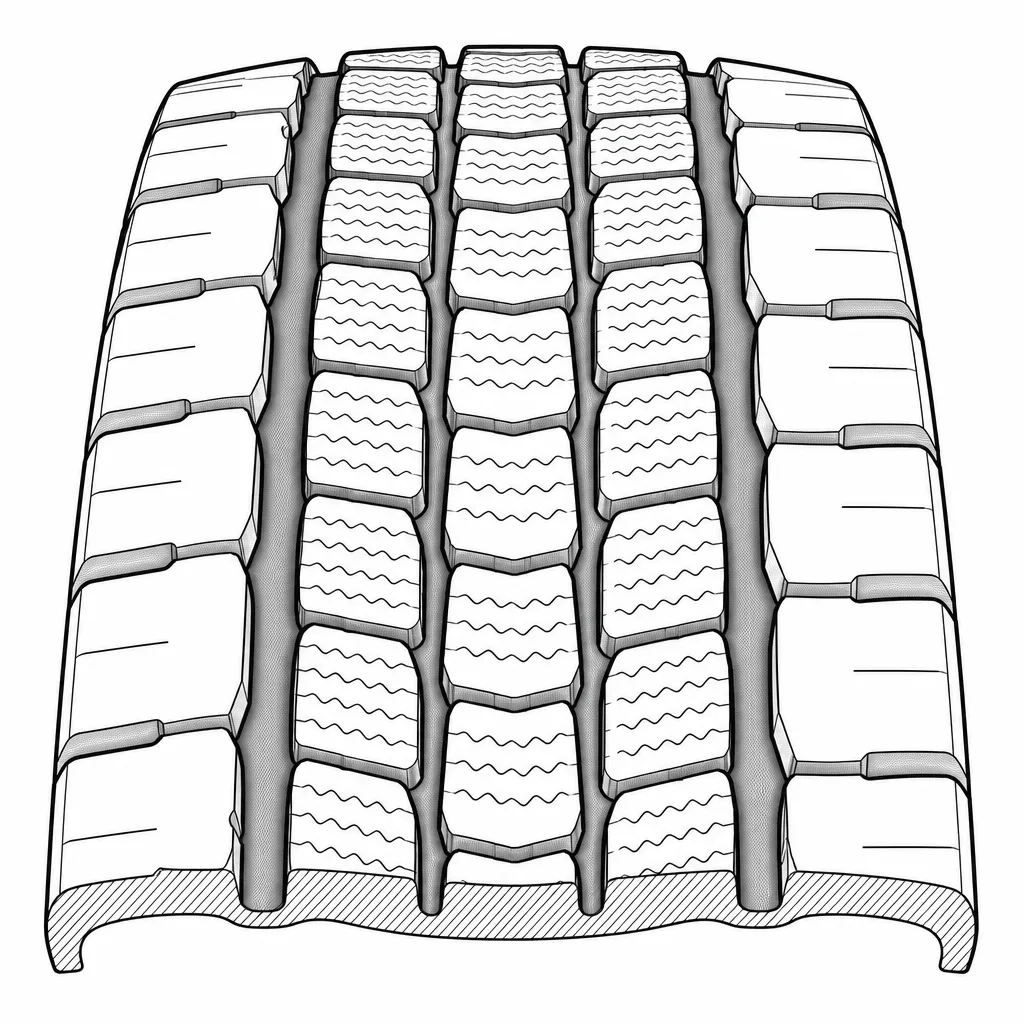 Schéma illustratif : Quatre rainures longitudinales larges séparant cinq rangées de pavés