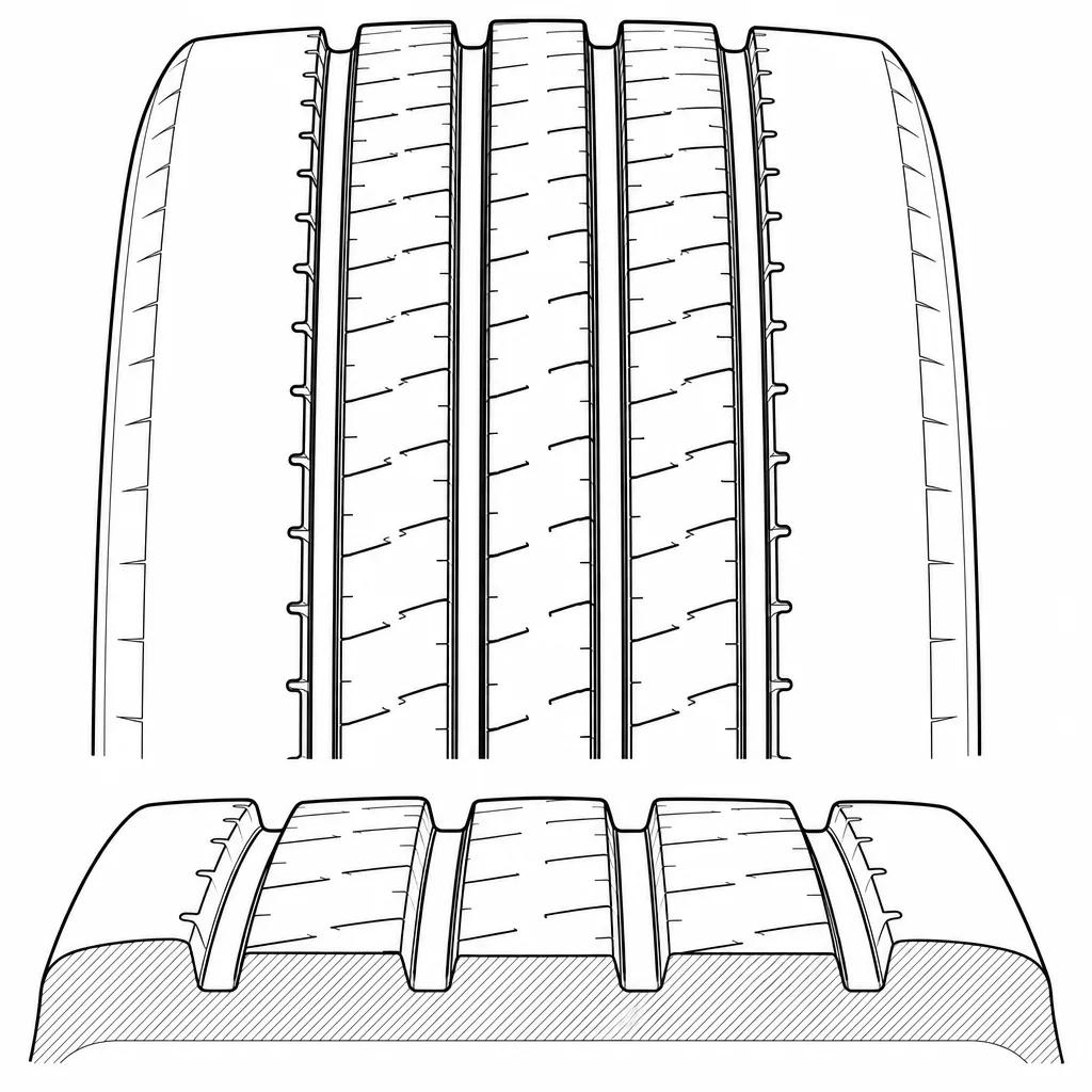 Schéma illustratif : Quatre rainures longitudinales rectilignes séparant cinq bandes de gomme