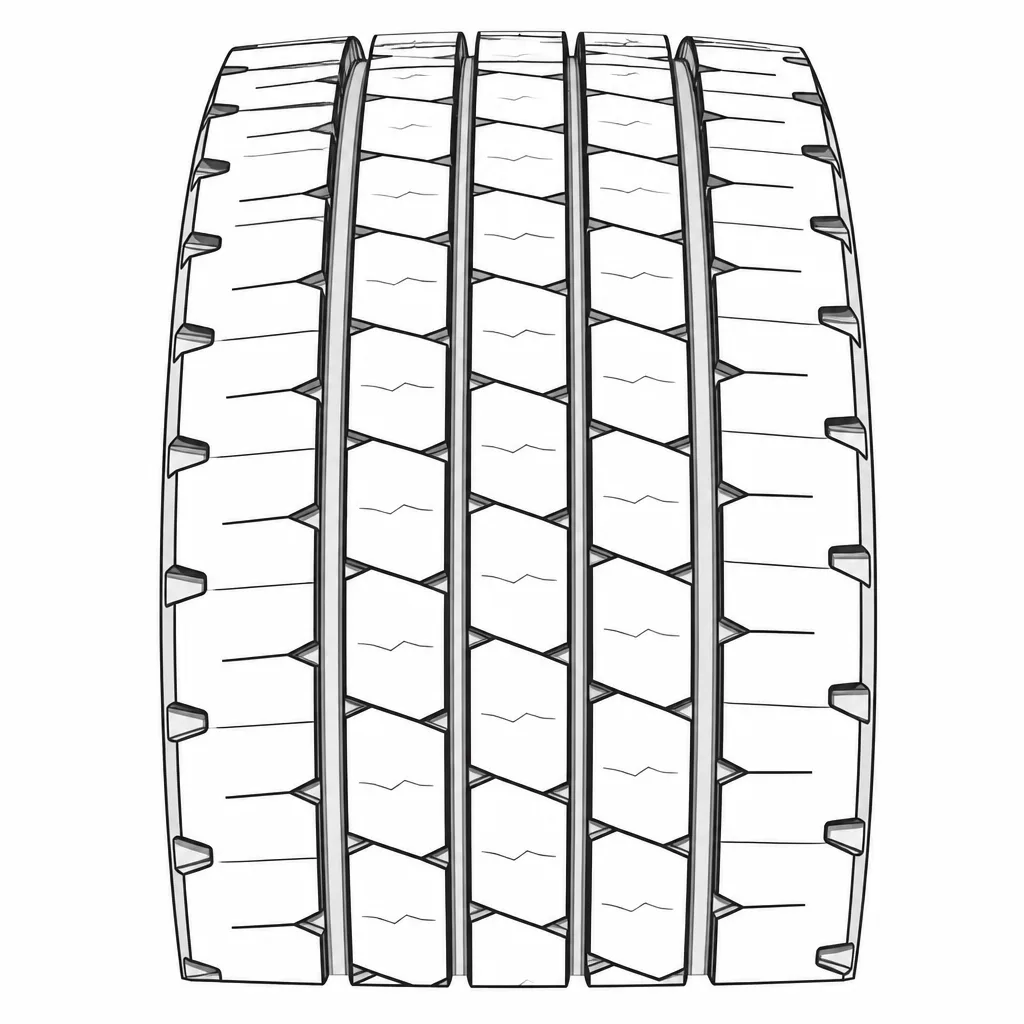 profil routier symétrique à pavés longitudinaux, trois rainures, faiblement lamellisé, épaules entaillées