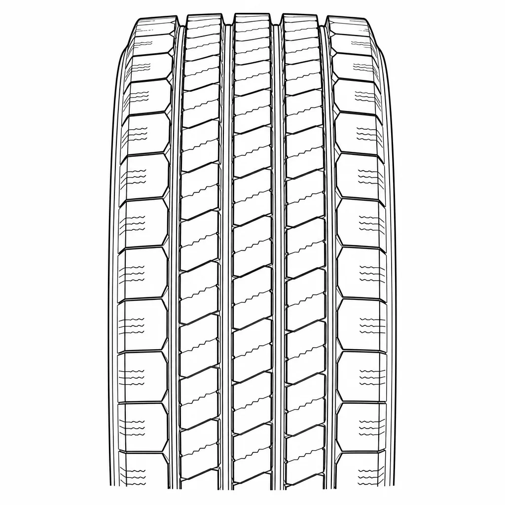 profil routier symétrique à quatre rainures longitudinales, composé de rangées continues de blocs étroits moyennement entaillés